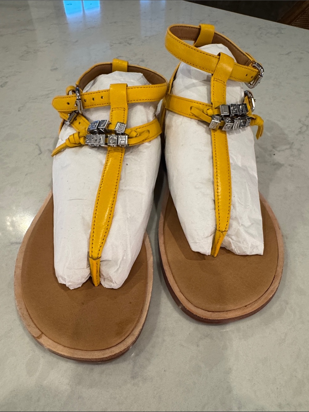 COACH NWT Yellow T-Strap Women's Sandals with Decorative Hardware